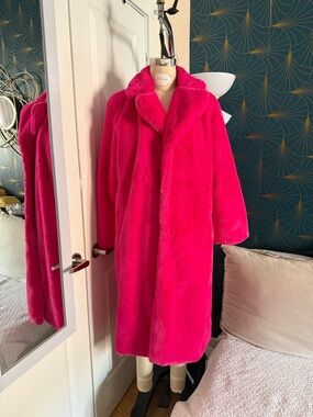 Bright Pink Faux Fur Coat - Women’s Plush Long Jacket